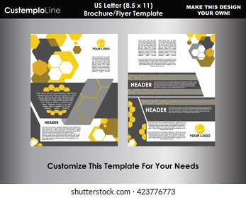 Abstract Hexagonal Brochure Flyer design vector template in US Letter size, Yellow and Gray, Corporate Ad, Cover and Back