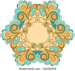 Abstract hexagonal cyan-beige frame with floral ornament