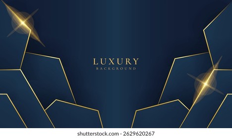 Abstract hexagonal dark blue luxury background with shining golden lines. Modern futuristic background