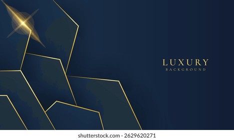 Abstract hexagonal dark blue luxury background with shining golden lines. Modern futuristic background