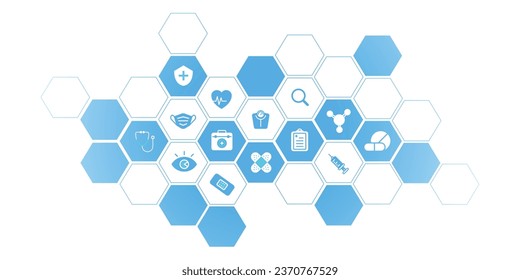 Resumen de papel de pared geométrico hexagonal. Fondo blanco. Atención de la salud y diseño de vectores de diseño de conceptos de innovación médica con icono de ciencia.