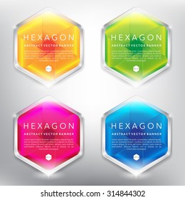 Abstract hexagonal glass banners set of 4. Isolated on white panel. Vector illustration. Eps10.