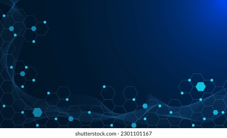 Abstract hexagonal with glowing particle and wave flow for medical, technology and science background. Vector illustration.