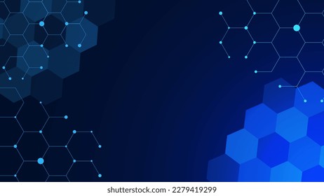 Abstract hexagonal with glowing particles on dark background for technology, molecule structure, medical, chemistry, network connection and science. Vector illustration.