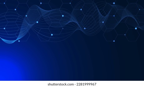 Abstract hexagonal with glowing particles and wave flow on blue background. Molecular, technology, chemistry and data connection backdrop concept. Vector illustration.