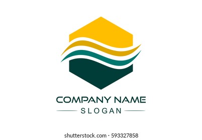 abstract hexagonal line logo with wave icon