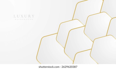 Abstract hexagonal Luxury white and golden background with shining golden lines.