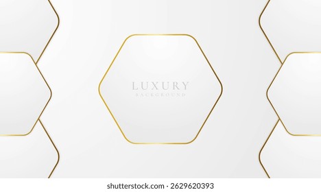 Abstract hexagonal Luxury white and golden background with shining golden lines.