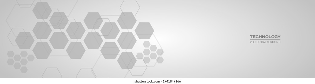 Abstract hexagonal medical soft grey horizontal banner. Technology abstract wide background with hexagonal elements. Innovation medicine, science, healthcare technology or science design.