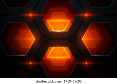 Abstract hexagonal metal background with red light effect