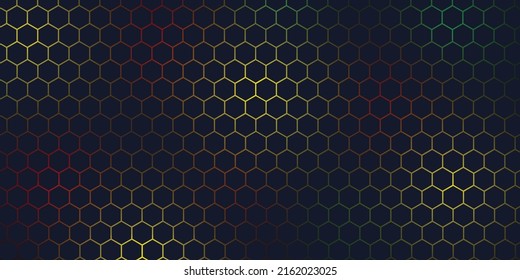 Abstrakter, sechseckiger Hintergrund aus Metall mit rotem grünem und gelbem Licht. grauer und roter Hexagon, moderner Hintergrund, Formen, Vektorgrafik