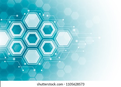 Abstract hexagonal molecular structures in a technological background. Medical design.