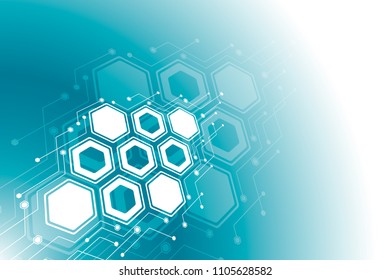 Abstract hexagonal molecular structures in a technological background. Medical design.