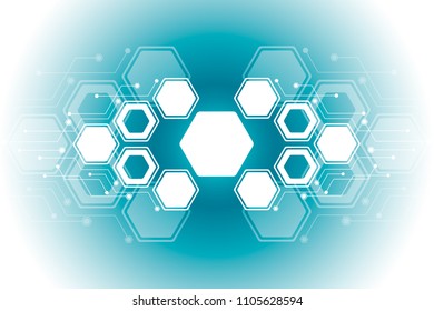 Abstract hexagonal molecular structures in a technological background. Medical design.