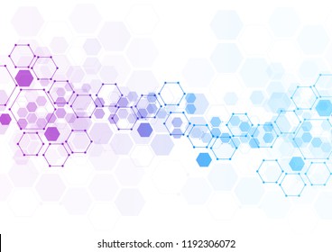 Abstract hexagonal molecular structures in technology background and science style. Medical substance and molecules design. Vector illustration