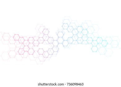 Abstract hexagonal molecule background, genetic and chemical compounds system. Geometric graphics and connected lines with dots. Scientific and technological concept, vector illustration