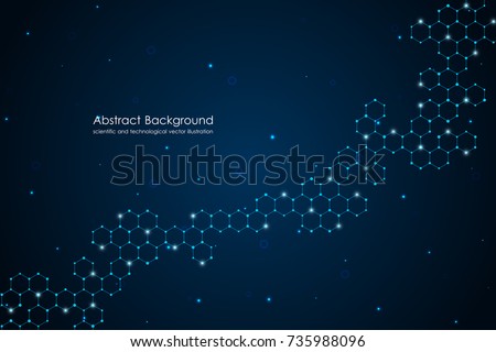 Abstract hexagonal molecule background, genetic and chemical compounds system. Geometric graphics and connected lines with dots. Scientific and technological concept, vector illustration