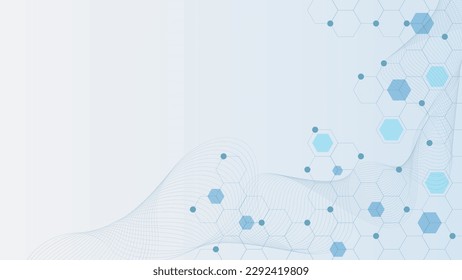 Abstract hexagonal with particles and wave flow for medical concept background design. Vector illustration.