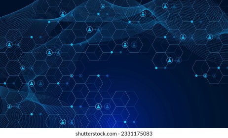 Abstract hexagonal patter with people icon and wave flow. Network connection, social networking and digital communication technology background. Vector illustration.