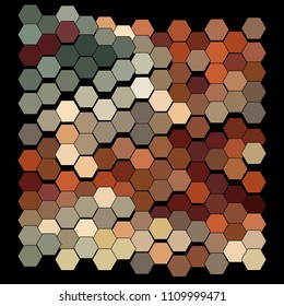 Abstract hexagonal pattern on a black background.  Colorful geometric backdrop.