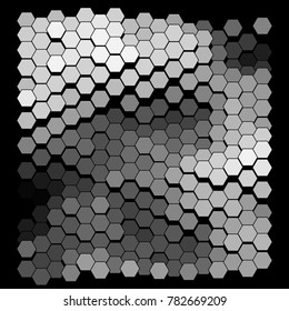 Abstract hexagonal pattern on a black background. Wavy geometric backdrop