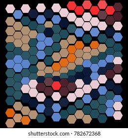 Abstract hexagonal pattern on a black background. Wavy geometric backdrop