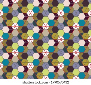 Abstract hexagonal repeating pattern in shades of green and blue with crossing red lines, geometric vector illustration