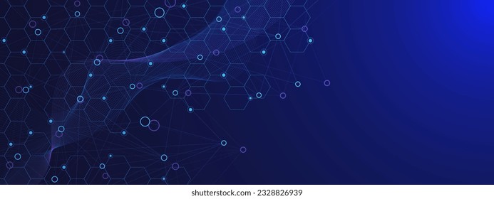 Resumen de formas hexagonales con líneas de conexión y círculo. Patrón científico moderno. Estructura molecular, química, ciencia y tecnología. Ilustración vectorial.