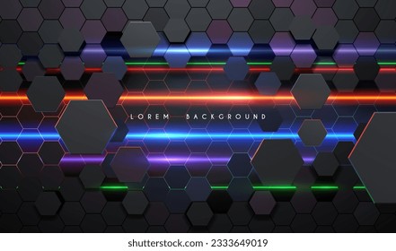 Resumen de formas hexagonales con líneas de luz de neón
