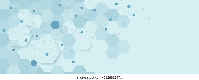 Abstract hexagonal shapes with shadow, connecting dots and lines for medical science background design concept. Vector illustration.