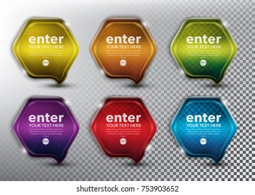 Abstract hexagonal speech bubbles set of 6. Bubble balloon quote in form of hexagon. Isolated with transparent glass shine and shadow on the light background. Vector illustration. Eps10.