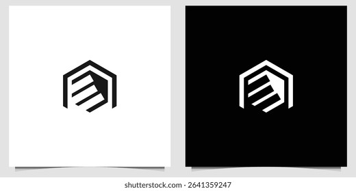 Abstract Hexagonal Staircase Logo Design in Black and White Monochromatic Style