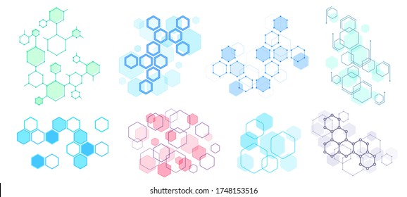 Abstract hexagonal structure. Futuristic composition, geometric hexagon network structures and honeycomb vector illustration set. Hexagon pattern structure, design molecular dna, polygon honeycomb svg