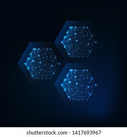 Abstract hexagonal structure molecule made of glowing lines, stars, dots, low polygonal shapes on dark blue background. Cosmetics formula, medical innovations concept. Futuristic vector illustration. 