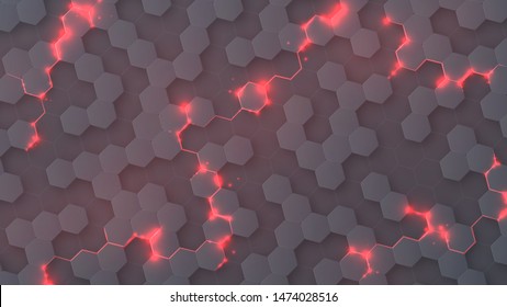 Abstract hexagonal surface. Geometric futuristic vector. Mosaic with electric sparks