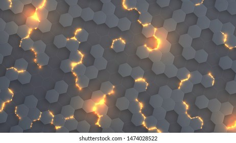 Abstract hexagonal surface. Geometric futuristic vector. Mosaic with electric sparks