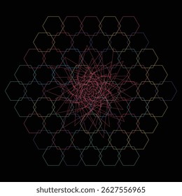 Hexágonos abstratos conectando-se aleatoriamente em um espaço misterioso escuro