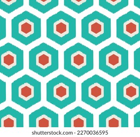Abstract Hexagons Geometric Retro Scribble Style Seamless Pattern Trendy Fashion Colors Perfect for Home Textile or Allover Fabric Print Tiffany Blue Coral Tones