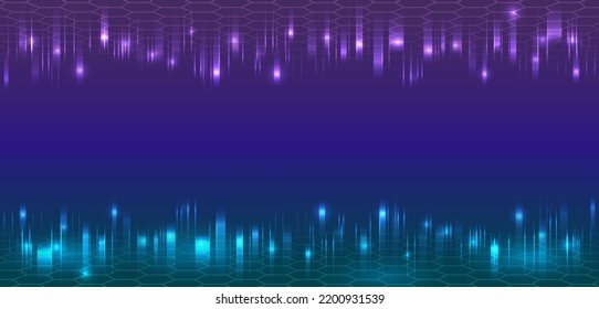 Abstract hexagons and glow lines on the blue background. Hi-tech digital technology and engineering concept. Wide Sci-fi template with polygons.