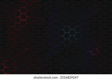 Abstract hexagons honeycomb texture neon background, futuristic technology backdrop banner design, vector illustration.