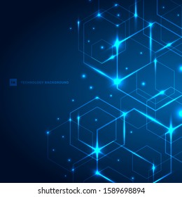 Abstract hexagons with laser light on dark blue background technology futuristic communication innovation concept. Vector illustration