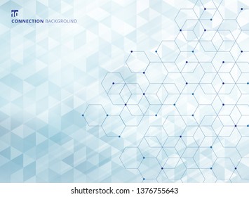 Abstract hexagons with nodes digital geometric with lines and dots geometric triangles pattern light blue color background and texture. Technology connection concept. Vector illustration