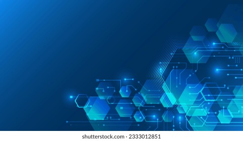 Abstract hexagons on the blue background. Hi-tech digital technology and engineering concept. Digital template with polygons for medical and science banners or presentations.