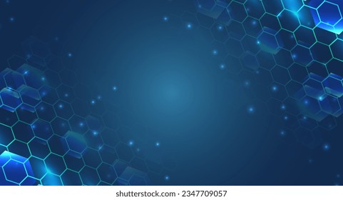 Abstract hexagons on the blue background. Hi-tech digital technology and engineering concept. Digital template with polygons for medical and science banners or presentations.