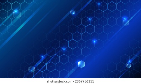 Abstract hexagons on the blue background. Hi-tech digital technology and engineering concept. Digital template with polygons for medical and science banners or presentations.