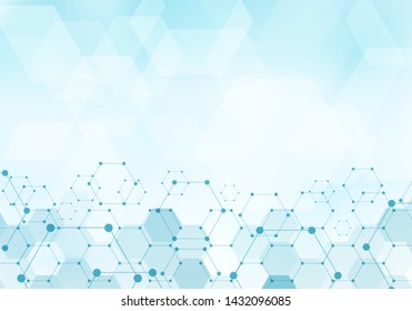 Abstract hexagons pattern molecule on blue background technology digital concept with copy space. Geometric elements for design template modern communications, medicine, science and technology. Vector