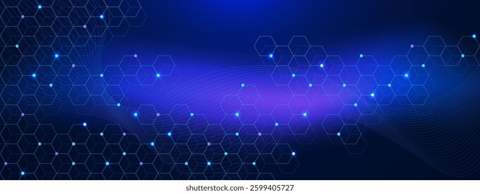 Abstract hexagons pattern and wave flow. Molecular structure, DNA molecules for medical, science and technology concept background. Vector illustration
