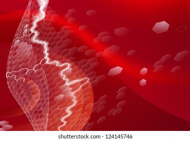 An abstract hexagons red business background design with electric or lightning strike