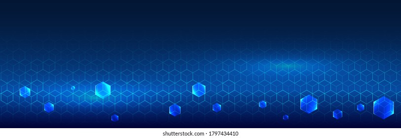 Abstract hexagons science on the blue background. Hi-tech digital technology and engineering concept. Wide Sci fi template with polygons.