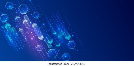 Abstract hexagons science on the blue background. Hi-tech digital technology and engineering concept. Wide Sci fi template with polygons.
